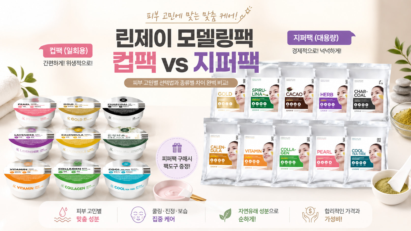 린제이 모델링팩 종류를 비교한 인트로 이미지. 일회용 컵팩과 대용량 지퍼팩의 차이, 피부 고민별 추천 제품과 특징을 한눈에 확인할 수 있는 가이드.