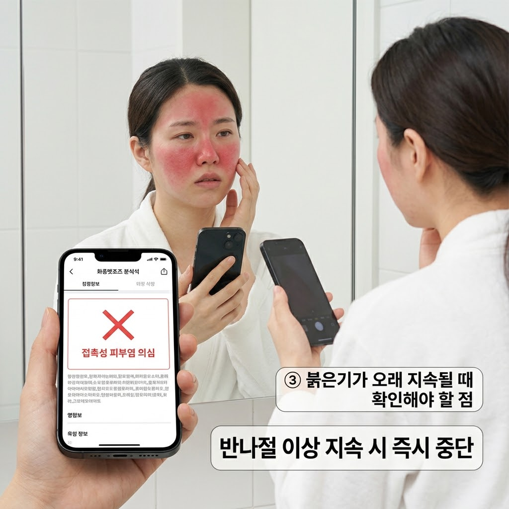 린제이 모델링 팩 사용 후 붉은기가 오래 지속되어 스마트폰 앱으로 접촉성 피부염 가능성을 확인하는 모습