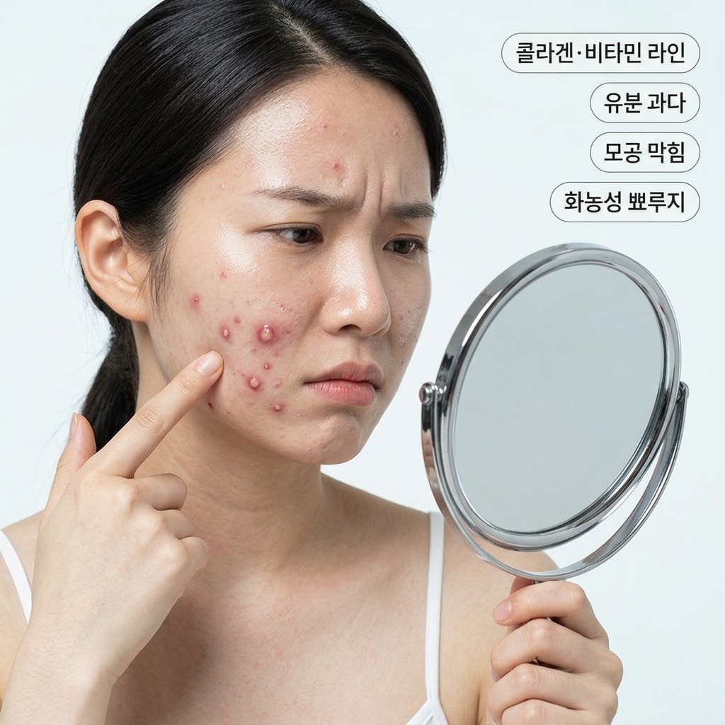 린제이 모델링팩 콜라겐 비타민 사용 후 무거운 유분 제형으로 인한 모공 막힘과 화농성 뾰루지 발생을 보여주는 극사실적인 클로즈업 사진. 인물은 Frustrated된 표정으로 거울 속 팔을 관찰하며, 스마트폰 인앱 UI 오버레이는 영양 성분 주의를 경고합니다. (두 팔과 열 손가락이 자연스럽게 표현됨)