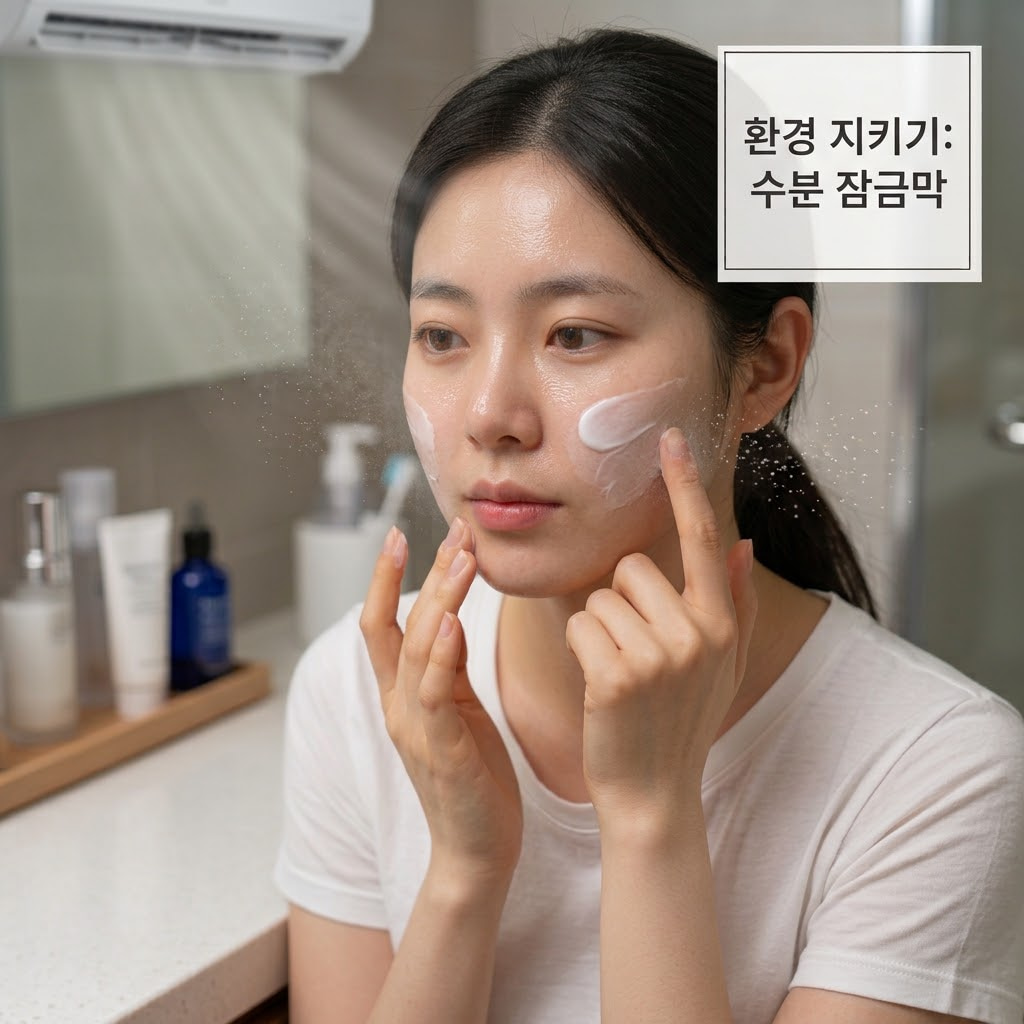 건조한 에어컨·히터 바람이 닿는 실내 스킨케어 공간. 투명 유리 소재의 '계량컵 없는 믹싱 볼' 곁에 고보습 크림 튜브가 놓여 있고, "두 개의 사람 손"이 팩으로 채워진 수분이 실내 바람에 날아가지 않도록 마지막 단계에서 보습 코팅막 크림을 얇고 꼼꼼하게 덧발라 꽉 잠그는 보호 액션.