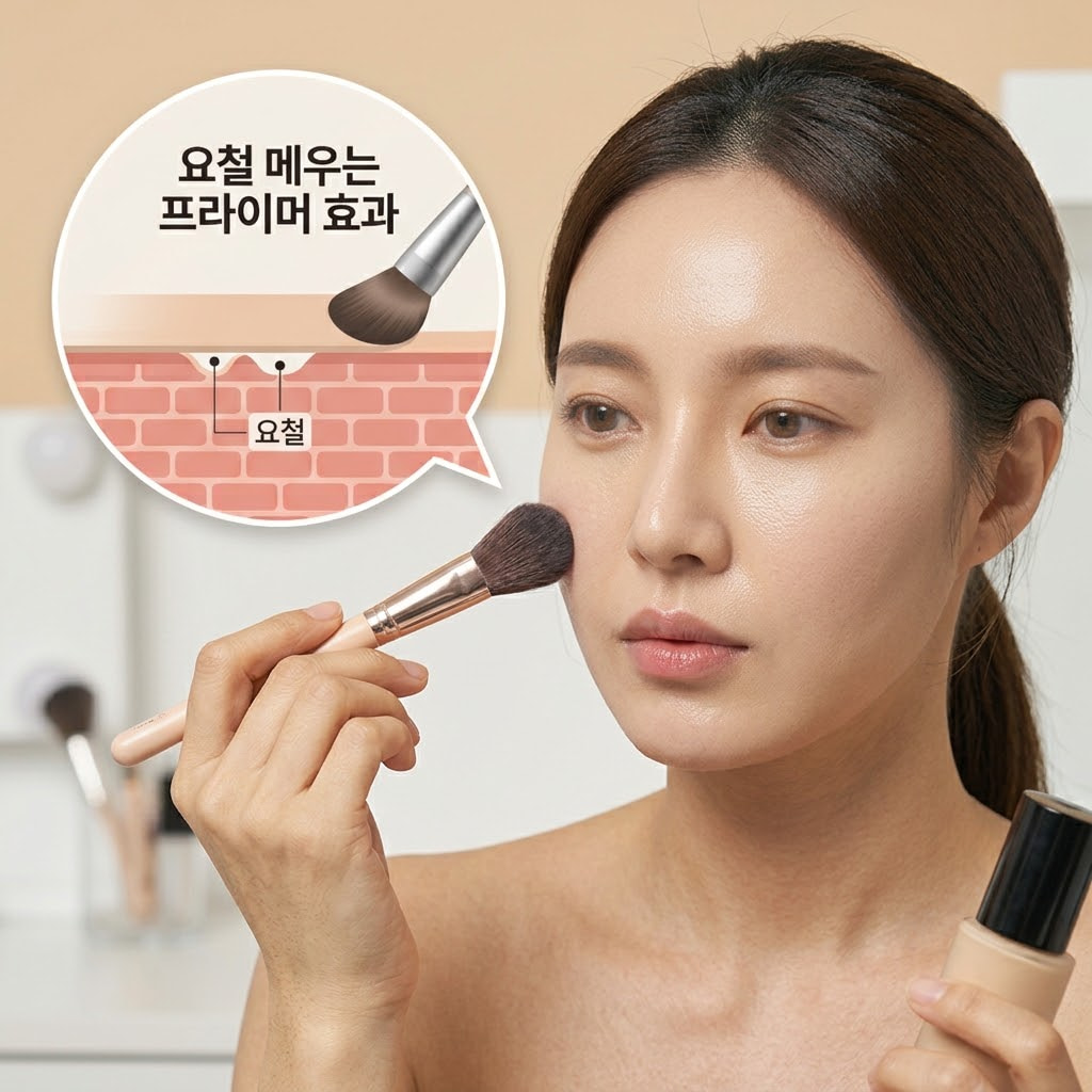 점성 있는 단백질 에센스가 거친 각질을 부드럽게 잠재우고 미세한 요철을 촘촘하게 메워 메이크업이 들뜨지 않는 매끈한 도화지 피부를 만들어주는 모습