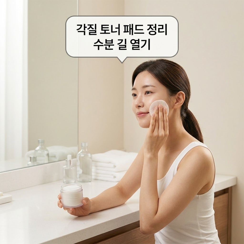 마스크팩 부착 전, 마일드한 토너 패드로 묵은 각질을 정돈하여 콜라겐 에센스가 피부 진피층으로 깊숙이 흡수될 수 있는 수분 길을 열어주는 모습