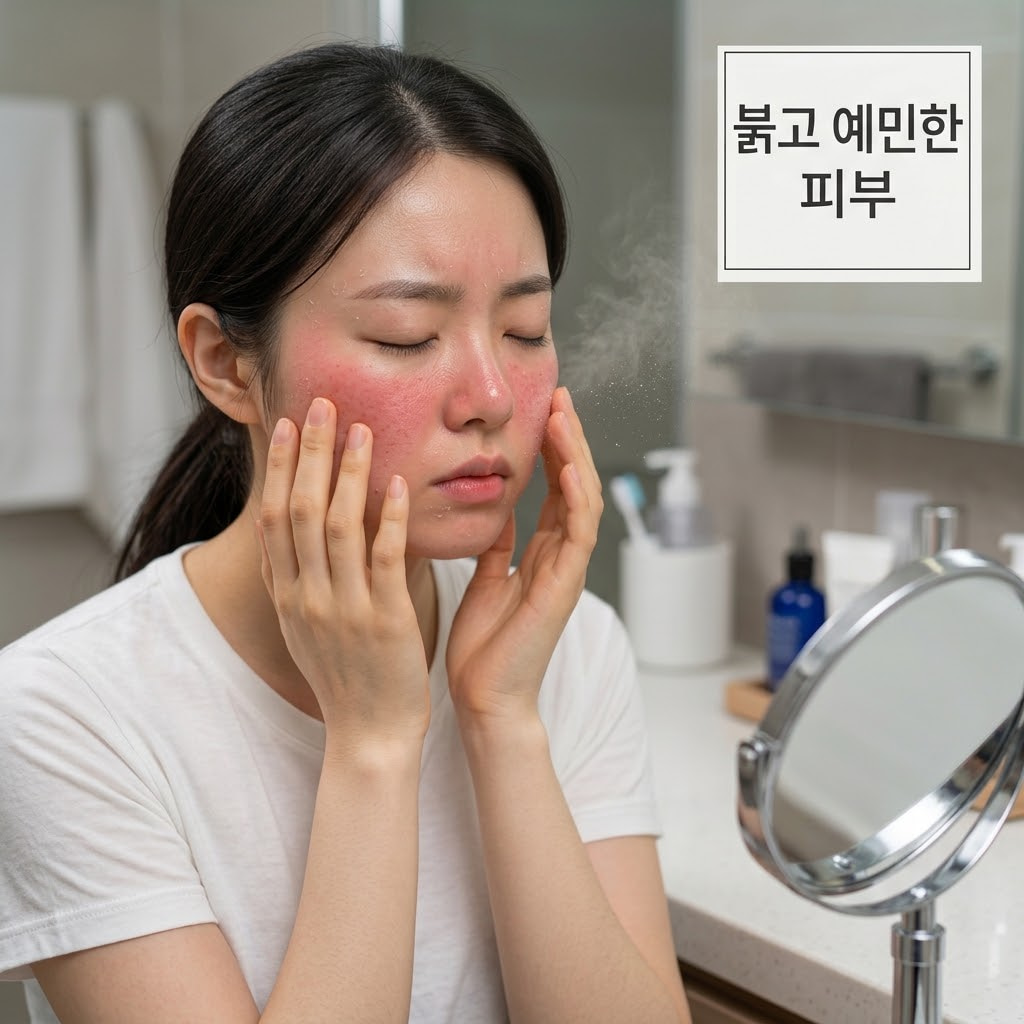 따뜻하고 편안한 무드의 파우더룸. 평소 팩을 덜어 쓰던 투명 유리 소재의 '계량컵 없는 믹싱 볼'이 오늘은 텅 비워진 채 한쪽으로 치워져 있고, "두 개의 사람 손"이 붉어지고 각질이 들뜬 맨얼굴을 따뜻하게 감싸며, 팩 등 다른 자극적인 제품 없이 오직 순한 장벽 보습 크림 하나만 부드럽게 지그시 눌러 흡수시키는 스킨케어 최소화 액션.