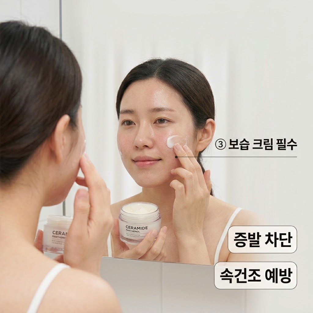 모델링 팩 사용 후 수분 증발을 차단하고 속건조를 예방하기 위해 보습 크림을 바르는 모습