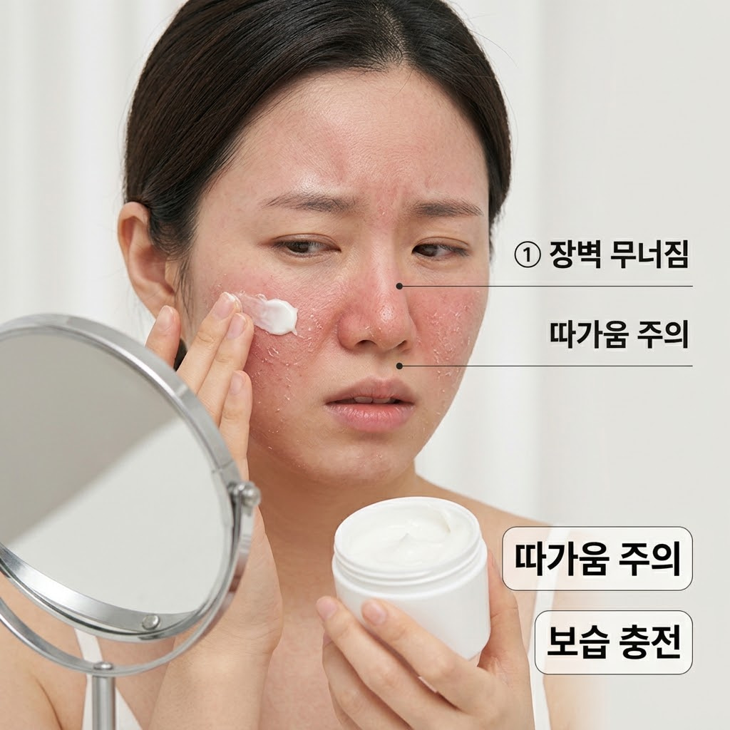 환절기 건조함으로 장벽이 무너진 피부에 모델링팩 사용 시 따가움을 느껴 장벽 크림을 바르는 모습
