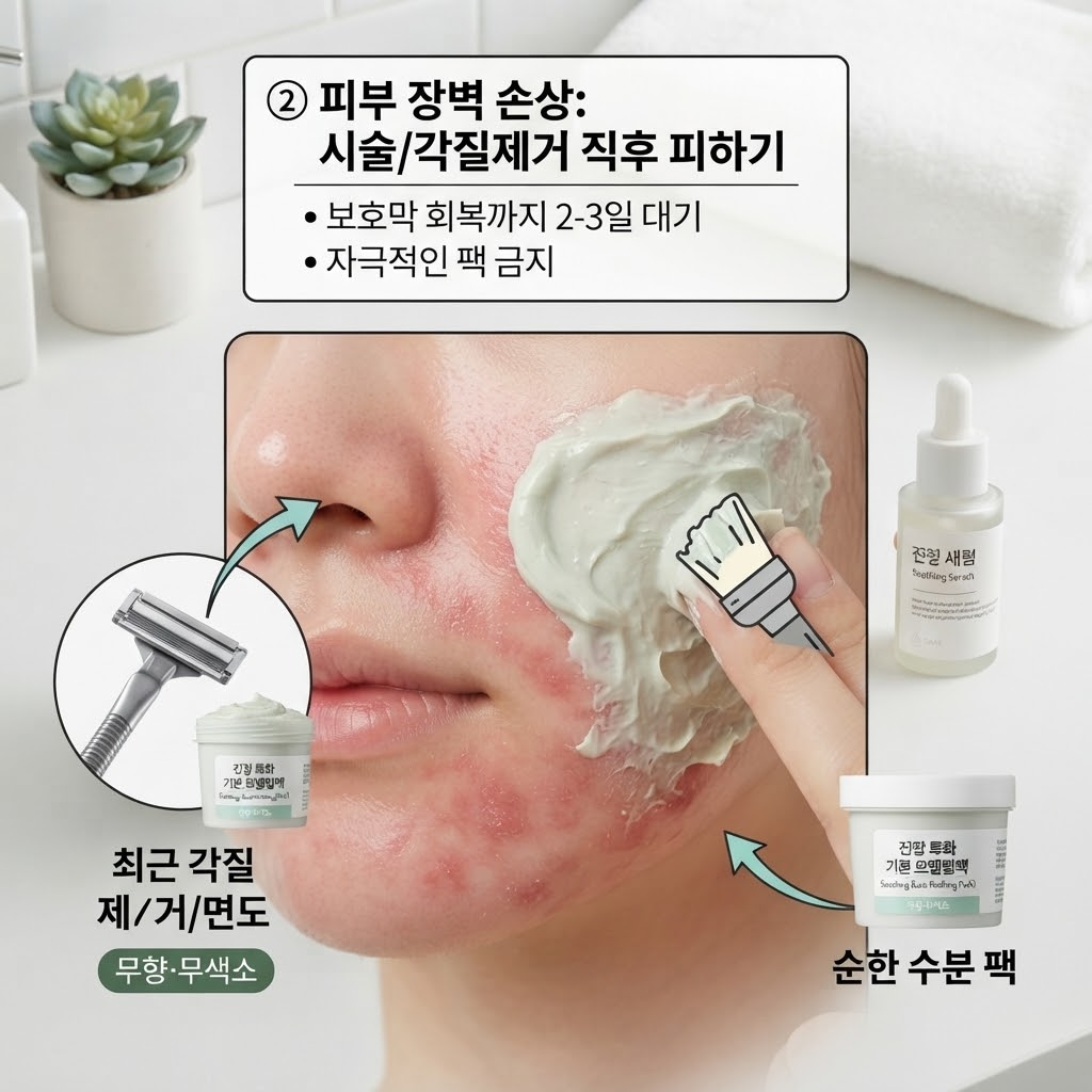 각질 제거 및 시술 직후 피부 장벽이 약해진 상태에서 모델링팩 부작용을 피하는 관리법.