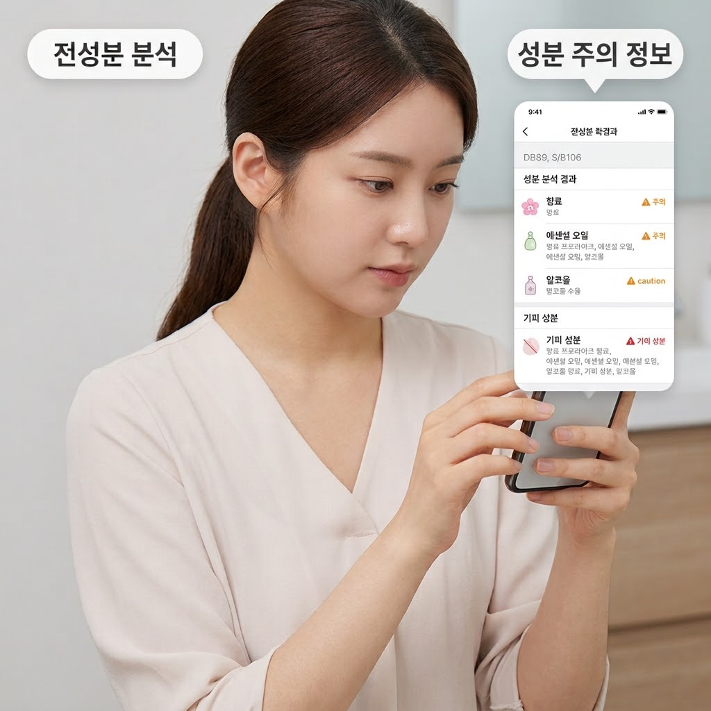 스마트폰 앱을 통해 모델링팩 성분을 확인하여 알레르기 및 부작용을 유발하는 성분을 체크하는 모습