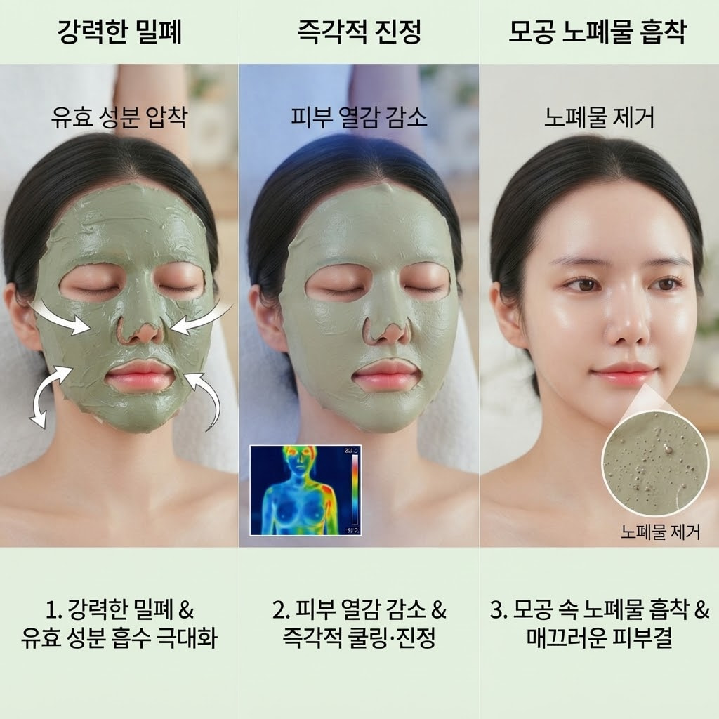 모델링팩의 밀폐 효과와 피부 온도 감소, 모공 노폐물 흡착 과정을 보여주는 3단계 시각 자료.