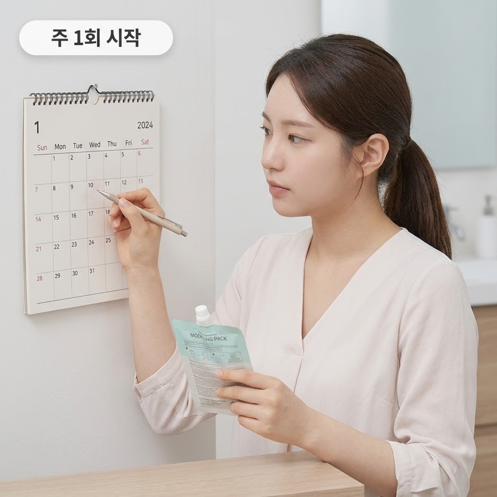 처음 모델링팩을 입문하여 주 1회 사용일을 달력에 표시하고 피부 적응기를 갖는 모습