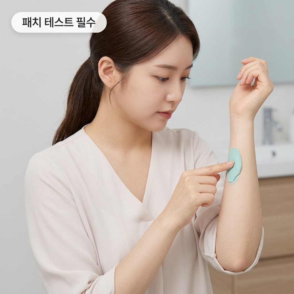 모델링팩 부작용을 예방하기 위해 팔 안쪽에 패치 테스트를 하는 모습
