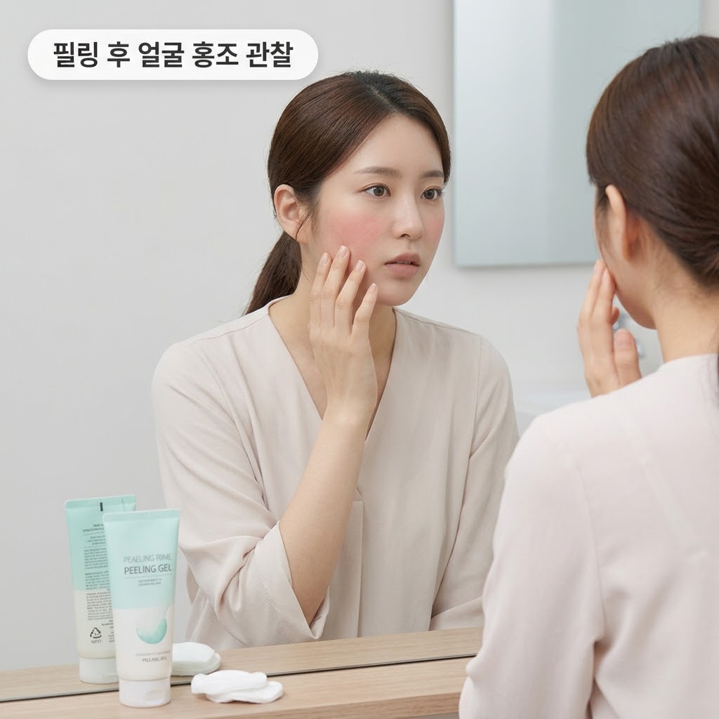 필링 스크럽 사용 후 얼굴이 붉어지는 홍조 증상을 거울로 관찰하며 걱정하는 모습