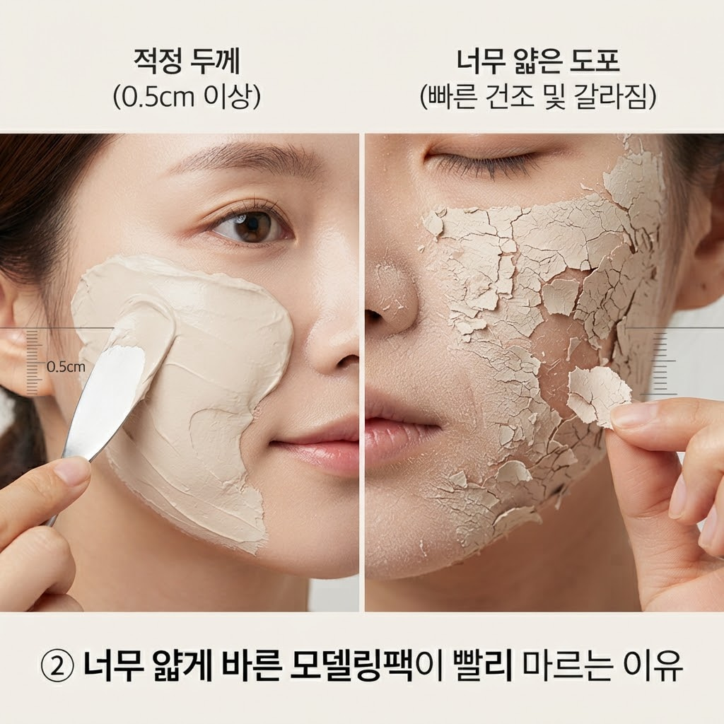 모델링팩 부작용 예방을 위해 얼굴 전체에 0.5cm 이상의 두께로 고르게 도포하는 가이드.