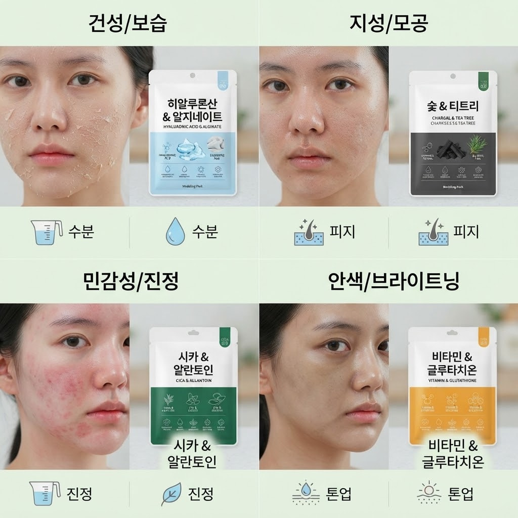 피부 타입(건성, 지성, 민감성, 안색)별 추천 모델링팩 성분과 효과를 정리한 비교 가이드.