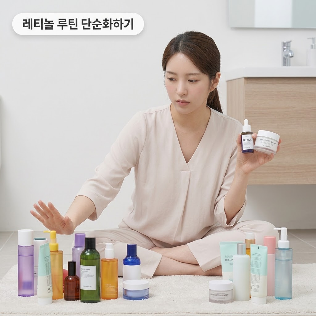 바닥에 앉아 수많은 화장품을 치우고 오직 레티놀과 보습 크림만 남기는 루틴 단순화 모습