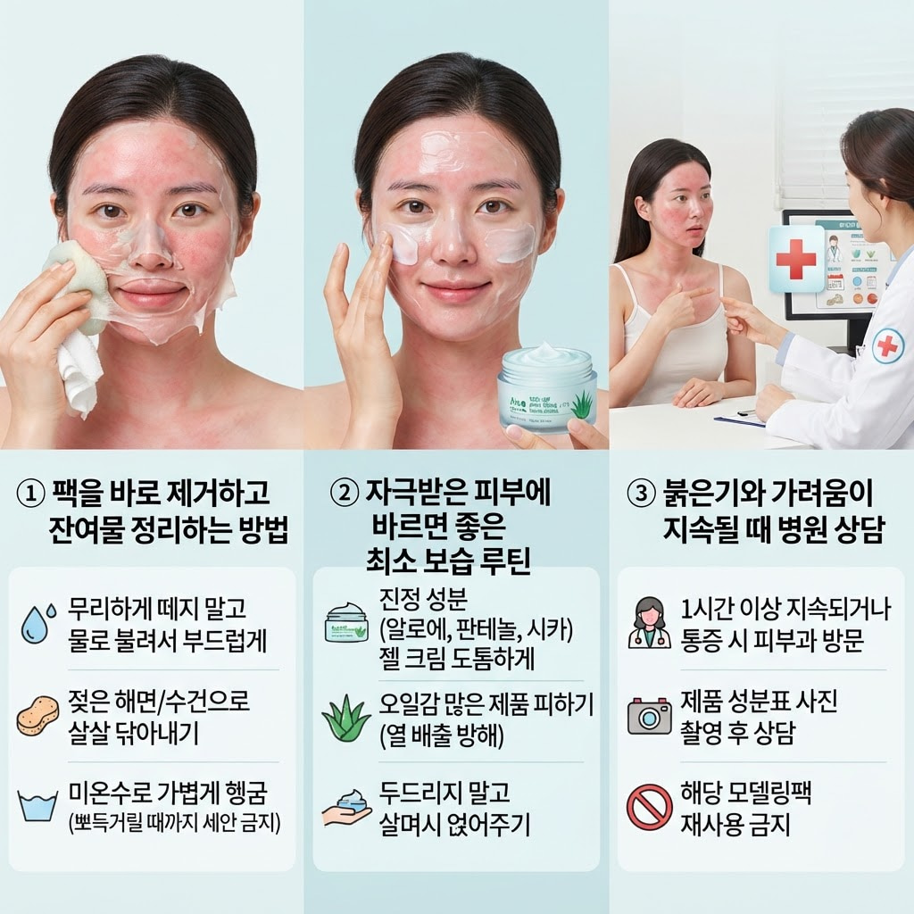모델링팩 부작용으로 피부 붉은기나 가려움이 나타났을 때, 잔여물 제거 및 진정 보습, 병원 방문이 필요한 상황을 안내하는 가이드 이미지.