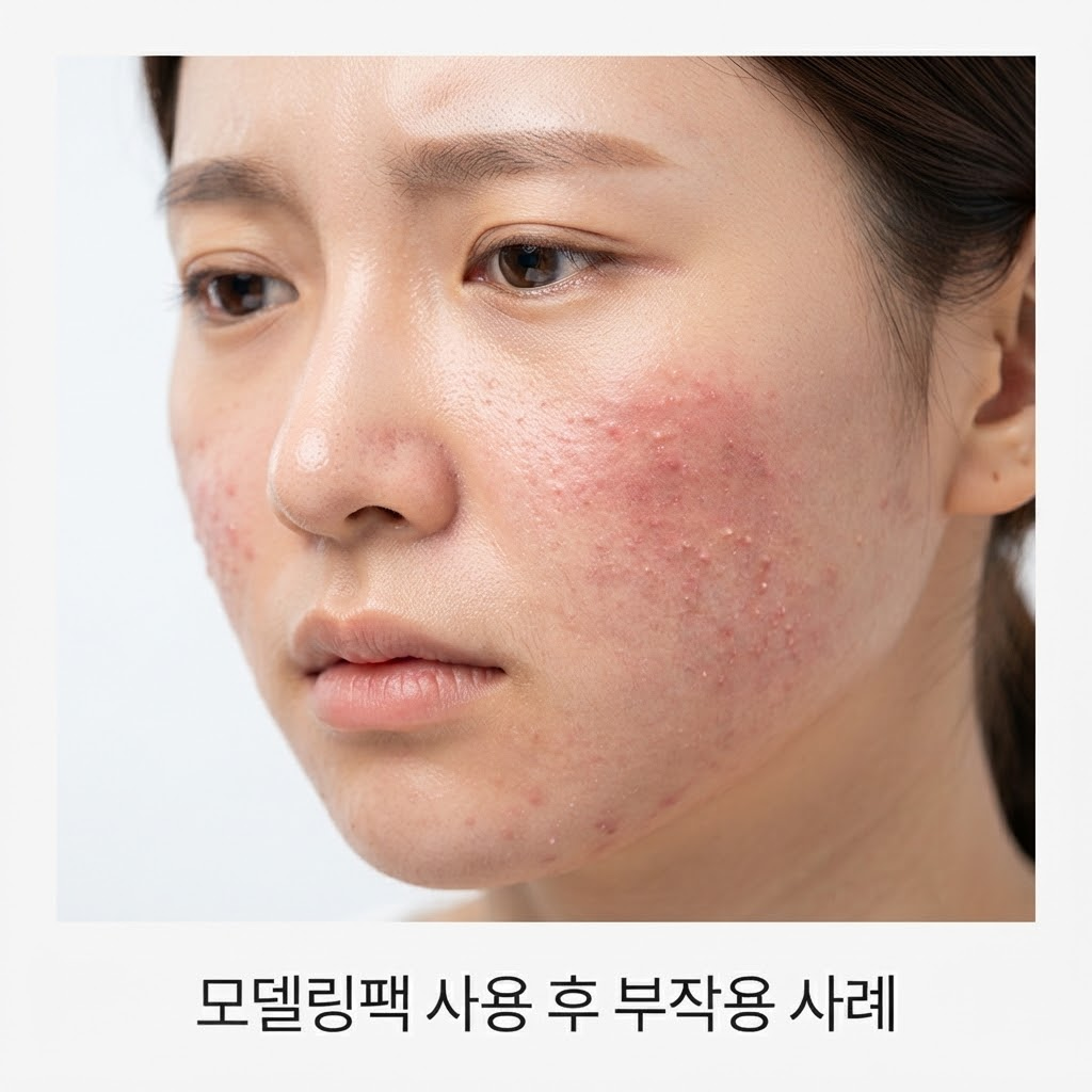 모델링팩 부작용으로 인해 한국인 여성의 볼 부위에 좁쌀 여드름과 붉은 피부염이 발생한 모습.