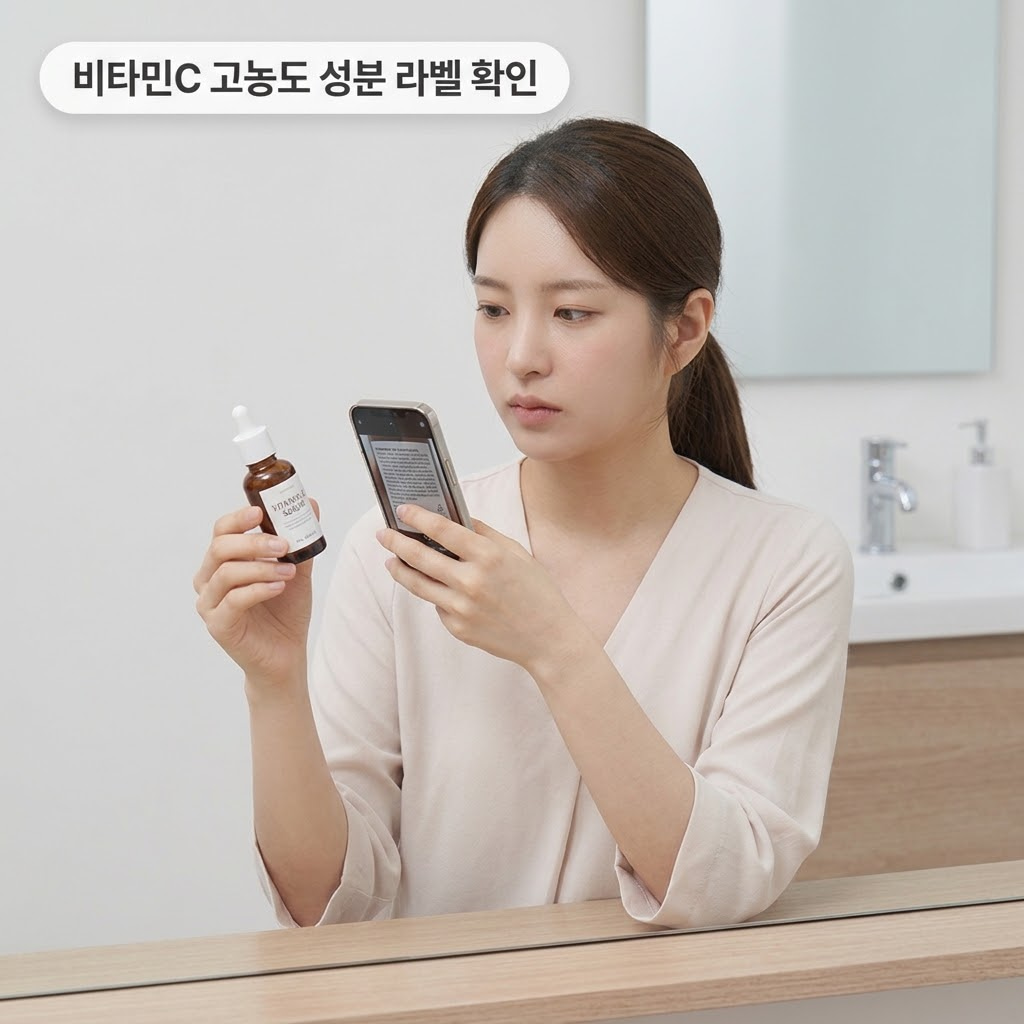 스마트폰을 활용하여 고농도 비타민C 세럼의 전성분 라벨을 꼼꼼히 확인하는 모습