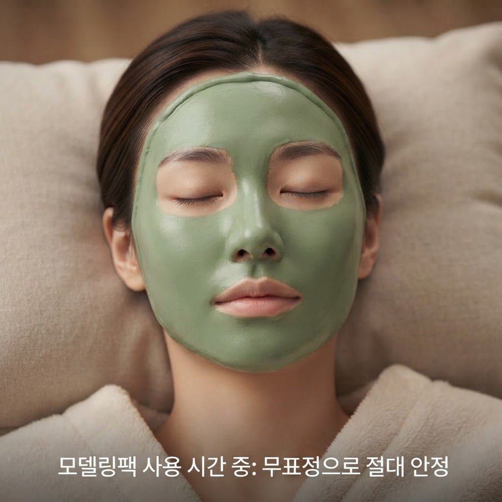 모델링팩을 붙이고 무표정으로 편안하게 휴식을 취하는 모델