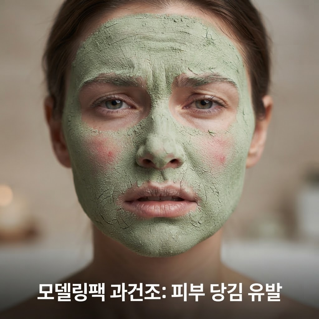 모델링팩 사용 시간을 넘겨 바짝 마르고 당김을 느끼는 모델의 얼굴
