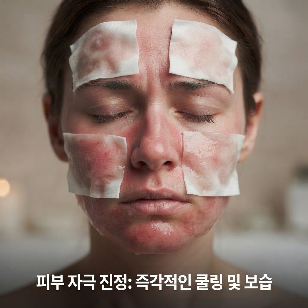 모델링팩 제거 후 붉어진 피부에 진정 토너 솜을 얹은 모습