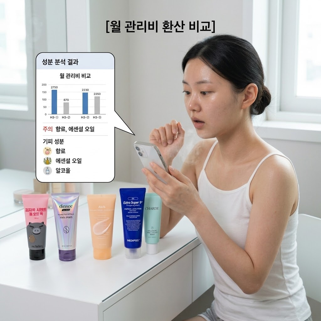 깔끔한 원목 화장대 위에 깔끔한 월간 달력이 펼쳐져 있고, 매주 일요일마다 동그라미 표기가 되어 있다(주 1회 사용 패턴). 달력 옆에는 소형 계산기가 놓여 있으며 화면에는 '월 약 7,800원'이라는 가상의 올리브영 라인업 월 관리비 숫자가 띄워져 있다. 두 개의 사람 손 중 한 손은 달력의 동그라미를 짚고 있고, 다른 한 손은 계산기를 잡고 있다. 화장대 위에는 가성비 제품과 중가 제품 튜브가 함께 놓여 있으며, 배경에는 계량컵 없는 깨끗한 믹싱 볼이 정돈되어 있다. 신뢰감 있는 따뜻한 실내 조명.