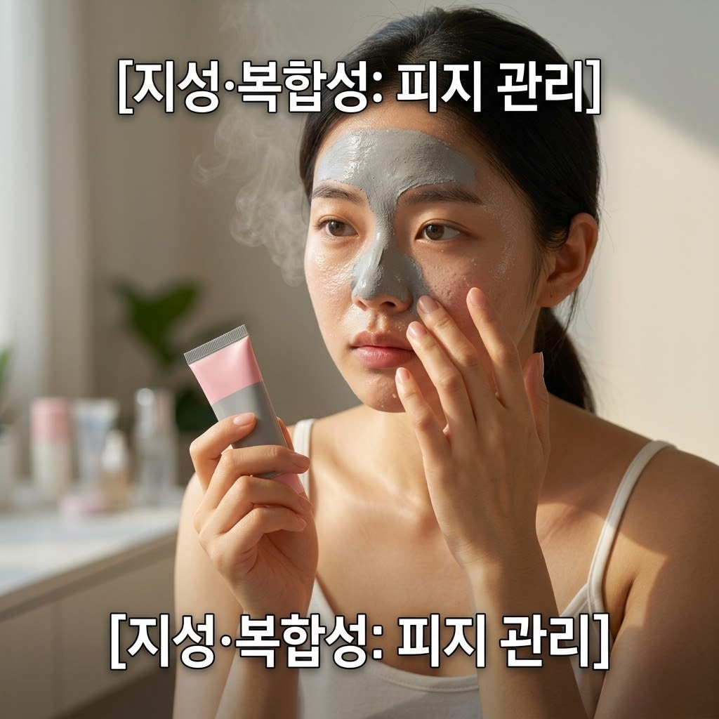 밝은 화장대 위. 두 개의 사람 손 중 한 손은 가성비 대용량 필오프팩 튜브를 잡고 있고, 다른 한 손은 T존 관리를 위해 내용물을 덜어낼 준비를 하고 있다. 그 옆에는 스페셜 케어용 중가 콜라겐 팩이 나란히 배치되어 있다. 제품들 뒤로는 계량컵 없는 깨끗한 투명 믹싱 볼이 단정하게 놓여 있다.