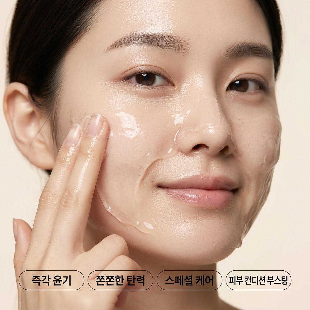 수부지 모공 케어, 고민 부위에만 얇고 짧게! 깔끔한 화이트 톤의 세면대 위. 스테인리스 소재의 '계량컵 없는 믹싱 볼'에 레티놀 랩핑팩이 소량 담겨 있고, "두 개의 사람 손"이 스패출러 끝을 이용해 모공 고민이 있는 코와 나비존 부위에만 팩을 아주 얇고 섬세하게 도포하는 세밀한 액션.
