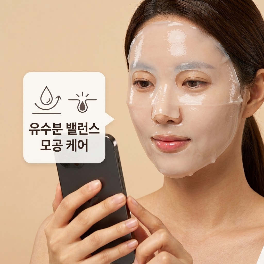 산뜻한 하이드로겔 마스크의 수분이 지성 피부의 늘어진 세로 모공 속에 채워지며 겉피지 분비를 줄이고 유수분 밸런스가 타이트하게 맞춰지는 모습