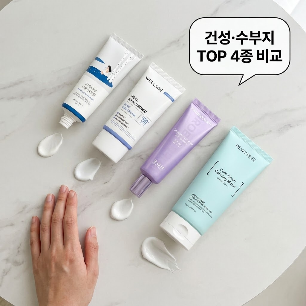 건성 및 수부지 피부를 위한 올리브영 선크림 베스트 4종 라운드랩 자작나무, 웰라쥬 블루, 바이오힐 보 에센스, 듀이트리 쿨 카밍의 완벽한 보습력과 화잘먹 수분 광채 피부