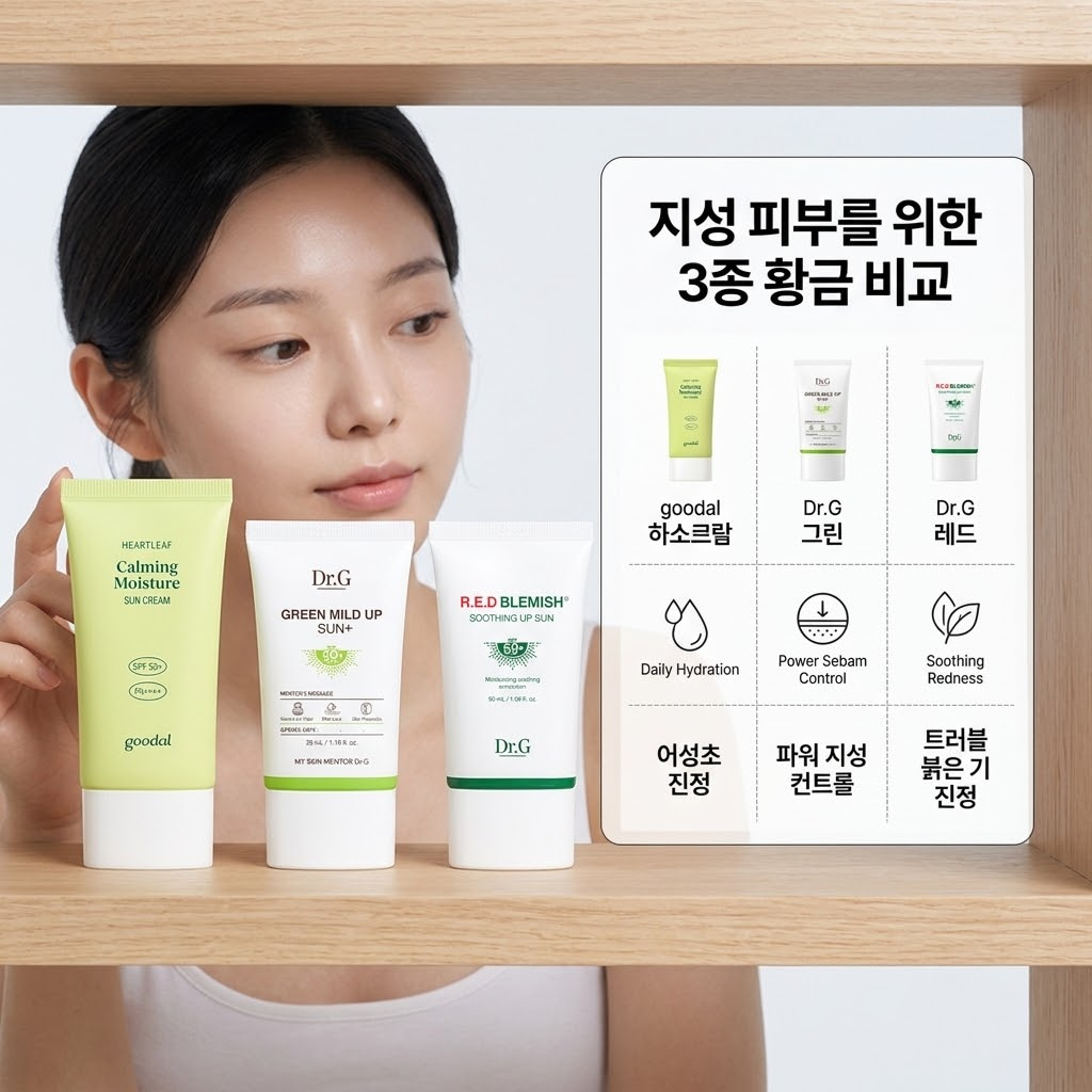 지성 피부의 피지와 번들거림을 잡아주는 올리브영 선크림 베스트 3종 구달 맑은 어성초, 닥터지 그린 마일드 업, 닥터지 레드 블레미쉬의 보송하고 산뜻한 마무리감
