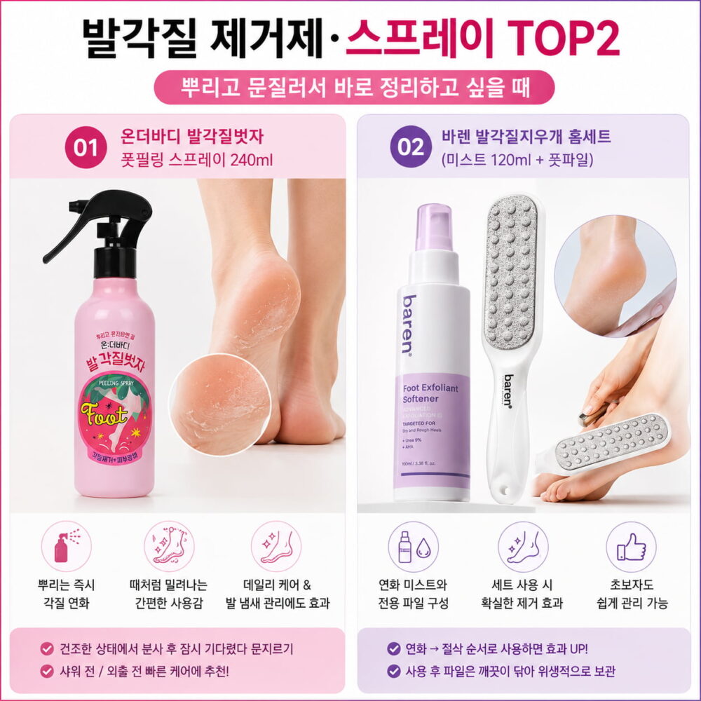 올리브영 발각질 제거 스프레이 추천 이미지로 온더바디 발각질벗자 풋필링 스프레이와 바렌 발각질지우개 홈세트를 비교한 인포그래픽