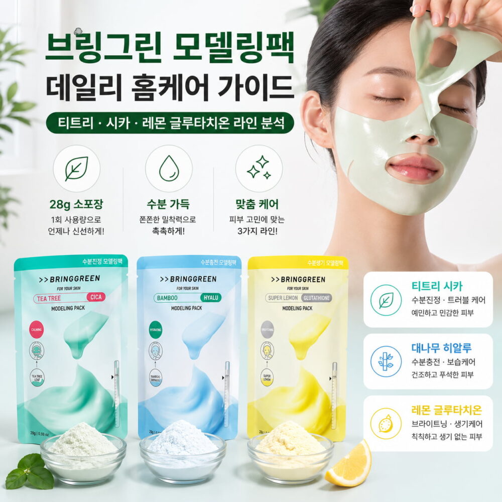 올리브영 모델링팩 추천 브링그린 모델링팩 비교 이미지, 티트리 시카·대나무 히알루·레몬 글루타치온 라인