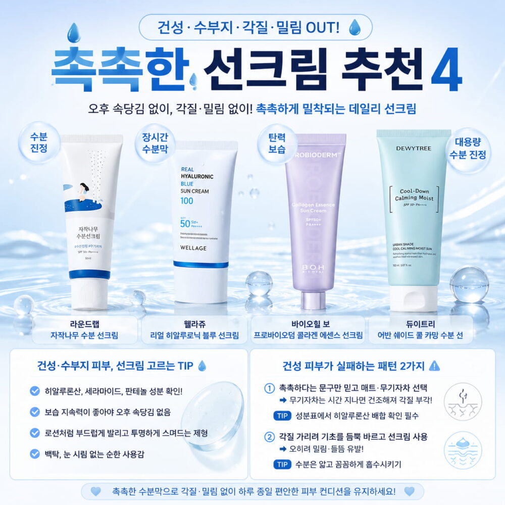 건성·수부지 피부를 위한 올리브영 선크림 추천 인포그래픽. 라운드랩 자작나무 수분 선크림, 웰라쥬 리얼 히알루로닉 블루 선크림, 바이오힐 보 프로바이오덤 콜라겐 에센스 선크림, 듀이트리 어반 쉐이드 쿨 카밍 수분 선 등 촉촉한 선크림 4종과 보습 지속력, 각질·밀림 방지 팁을 함께 소개한다.
