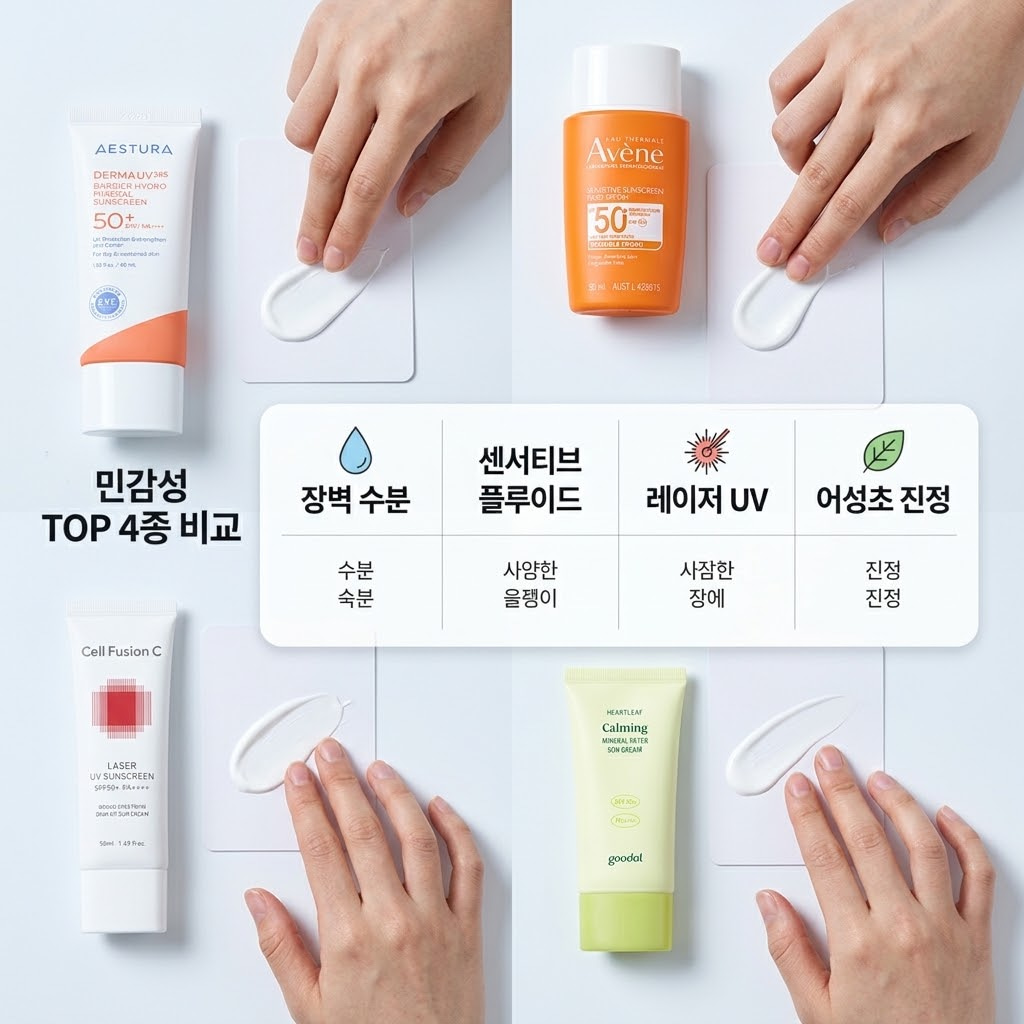눈 시림 제로를 자랑하는 올리브영 민감성 피부 추천 무기자차 베스트 4종 에스트라 더마UV365, 아벤느 선시티브 플루이드, 셀퓨전씨 레이저 UV, 구달 맑은 어성초의 완벽한 밀착력과 수분 진정 피부
