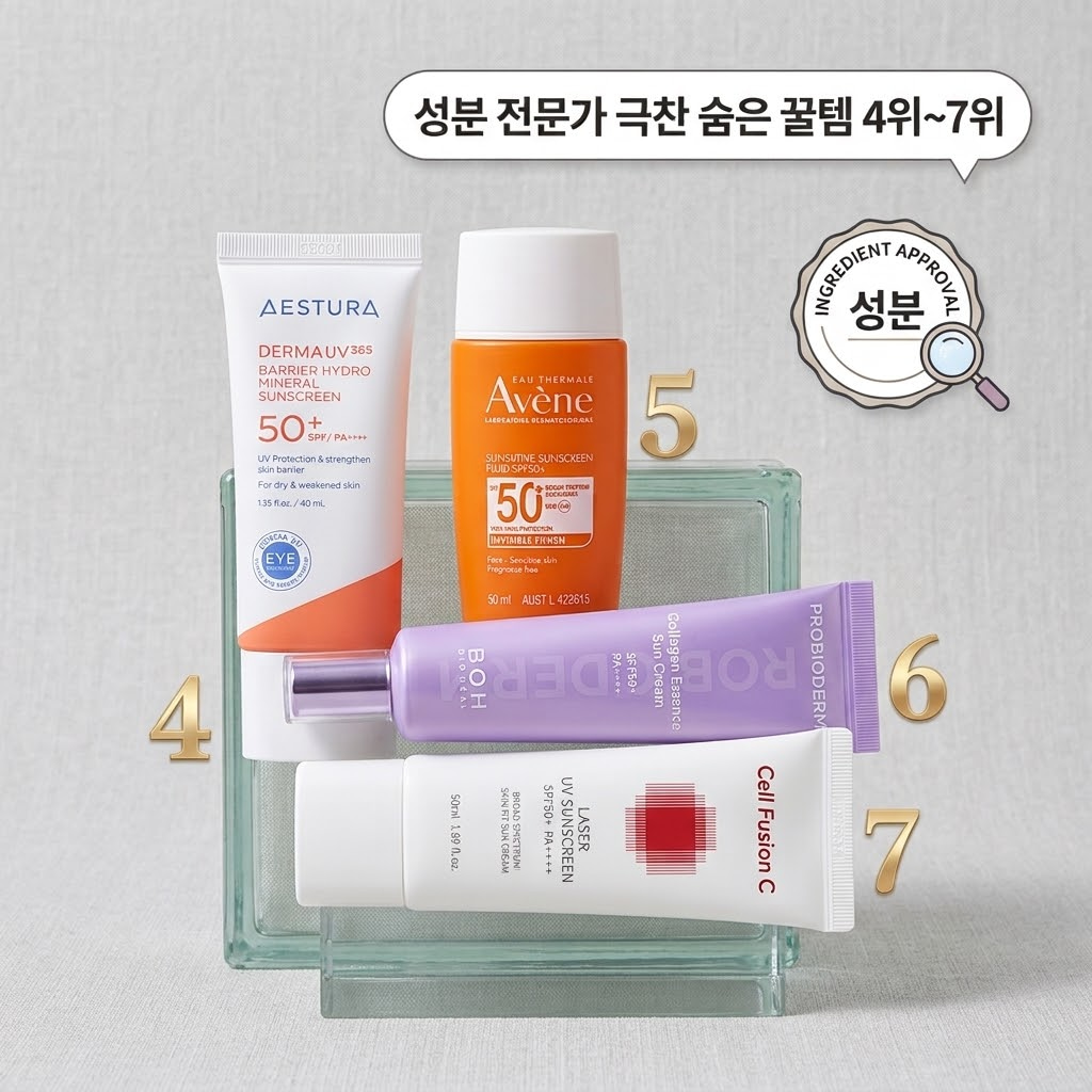성분 분석가 추천 올리브영 선크림 4위~7위인 에스트라 더마UV365 장벽수분 무기자차 선크림, 아벤느 선시티브 플루이드, 바이오힐 보 프로바이오덤 콜라겐 에센스 선크림, 셀퓨전씨 레이저 UV 썬스크린의 저자극 및 장벽 케어 효과