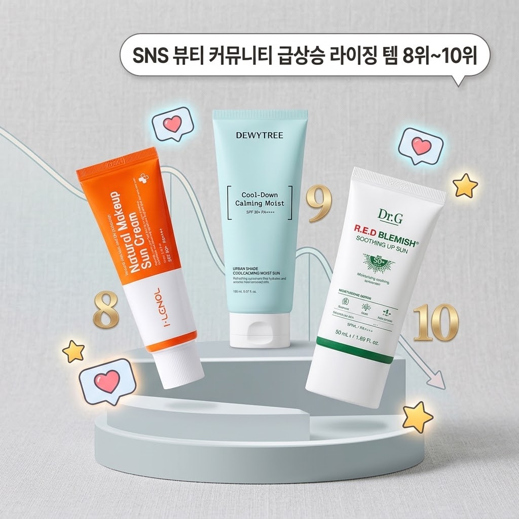 SNS 뷰티 커뮤니티 화제 올리브영 선크림 8위~10위인 아이레놀 쌩얼크림, 듀이트리 어반 쉐이드 쿨 카밍 수분 선, 닥터지 레드 블레미쉬 수딩 업 선의 톤업, 쿨링, 진정 효과