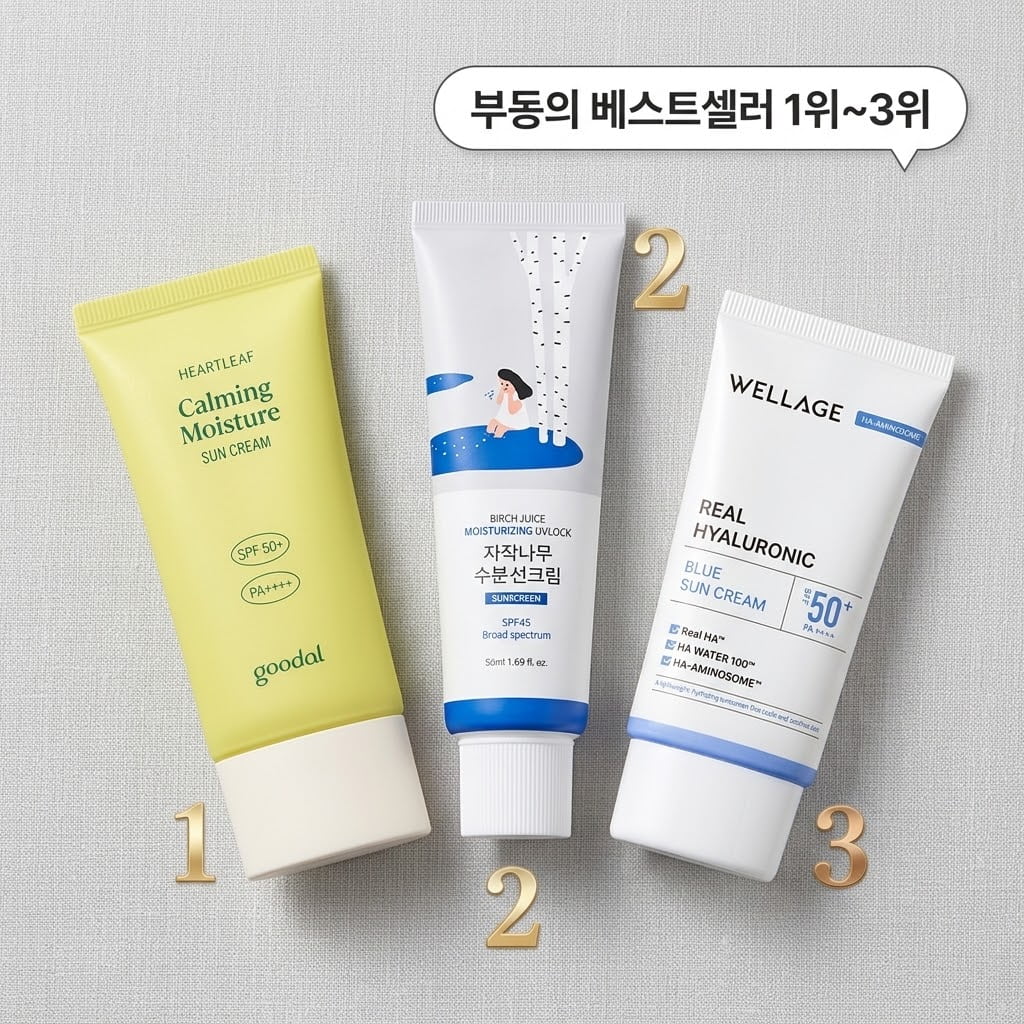 올리브영 선크림 베스트셀러 1위~3위인 구달 맑은 어성초 진정 수분 선크림, 라운드랩 자작나무 수분 선크림, 웰라쥬 리얼 히알루로닉 블루 선크림의 백탁 없는 수분감과 맑고 투명한 피부 광채