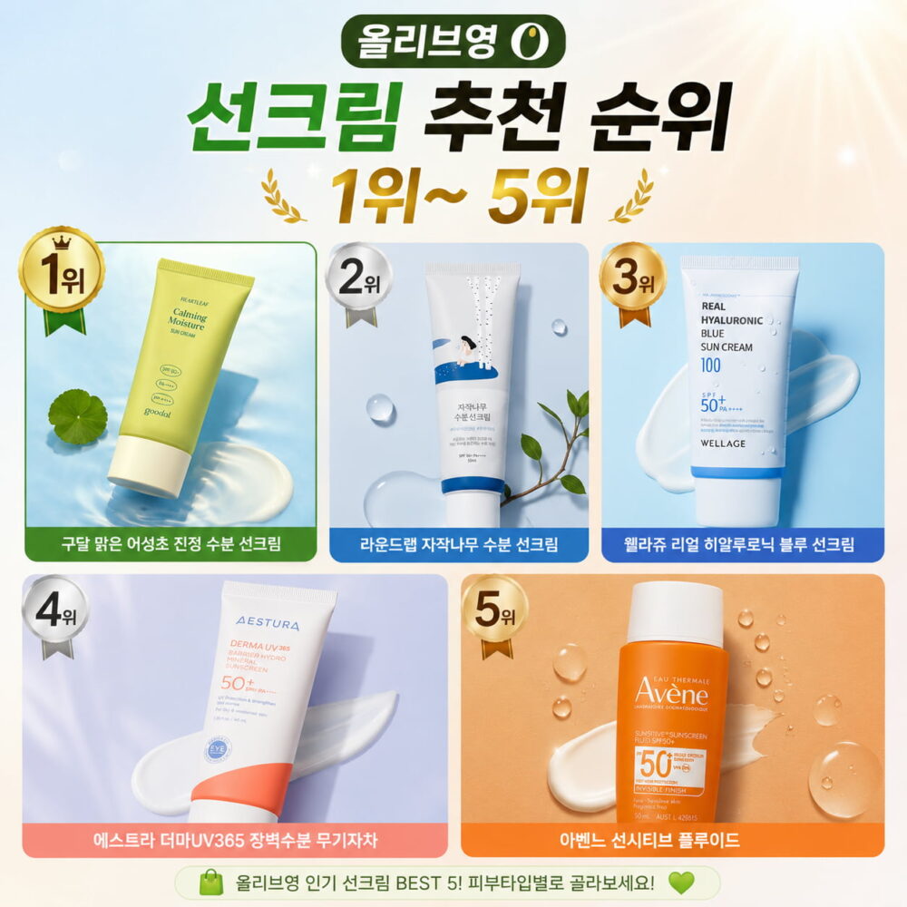 올리브영 선크림 추천 순위 1위부터 5위까지 정리한 인포그래픽. 구달 맑은 어성초 진정 수분 선크림, 라운드랩 자작나무 수분 선크림, 웰라쥬 리얼 히알루로닉 블루 선크림, 에스트라 더마UV365 장벽수분 무기자차, 아벤느 선시티브 플루이드를 순위별로 소개한다.