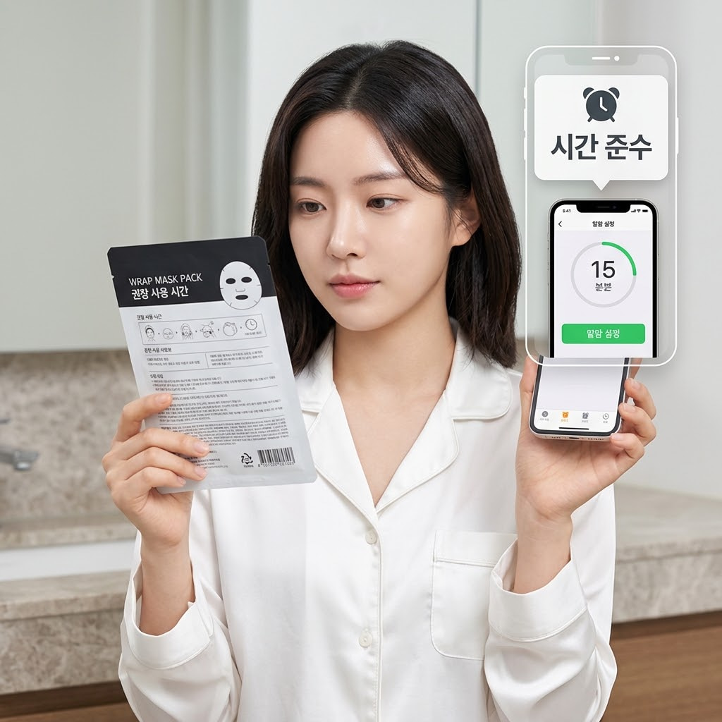 한국인 여성이 올리브영 랩핑 마스크팩 패키지 뒷면의 권장 사용 시간을 확인하며 스마트폰으로 알람을 설정하는 모습을 담은 극사실주의 이미지. '시간 준수', '알람 설정' 한글 키워드 UI 그래픽 포함.