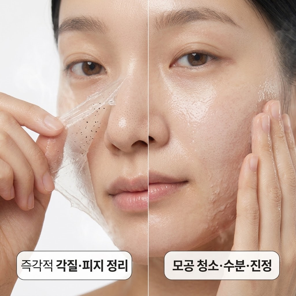번들거리고 블랙헤드가 도드라진 코와 T존 부위에는 강력한 흡착력의 필오프팩을, 붉은기가 돌고 예민해진 양 볼(U존)에는 부드러운 수분 진정 워시오프팩을 각각 나누어 도포한 스마트한 맞춤형 스킨케어 모습