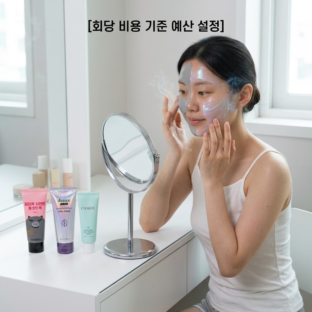 화사한 화장대 위에 다이소 대용량 필오프팩 튜브와 프리미엄 랩핑 마스크 병이 함께 놓여 있다(가성비+스페셜 믹스 전략). 두 개의 사람 손이 두 제품 사이에서 지폐와 함께 예산을 가늠하는 듯한 고민하는 제스처를 취하고 있다. 두 제품 뒤로 은은하게 빛나는 밀폐용 유리 믹싱 볼(계량컵 없음)이 보인다. 실내 조명이 세련되게 연출되어 있다.