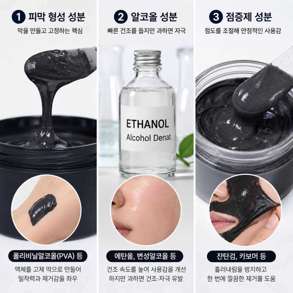 필오프팩 성분의 핵심 원료인 피막 형성제, 알코올, 점증제의 역할을 실사 이미지로 비교한 가이드. 각 성분이 필오프팩의 건조 속도와 밀착력, 제거감에 어떤 영향을 주는지 보여준다.