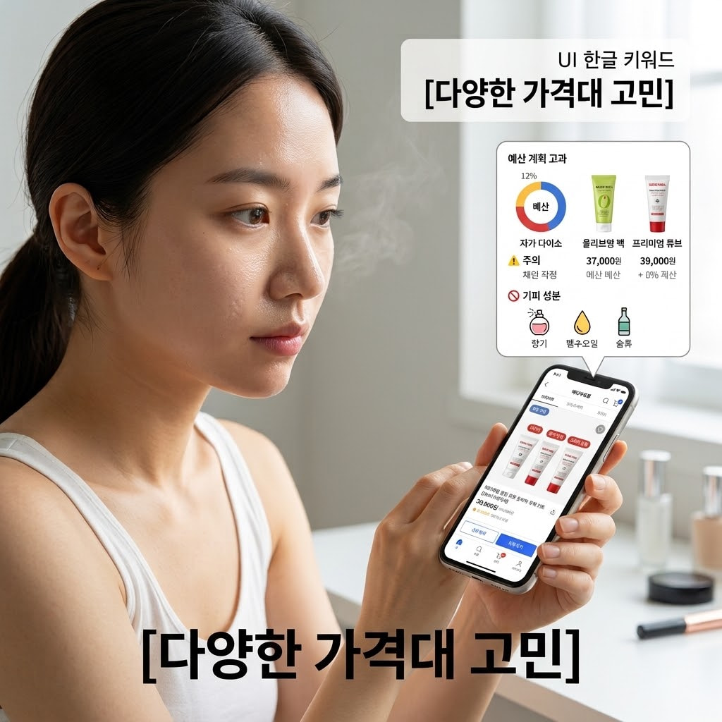 깔끔한 화장대 위에 3,000원대 다이소 튜브팩부터 3만 원대 프리미엄 팩까지 다양한 가격대의 필오프팩이 진열되어 있다. 두 개의 사람 손 중 한 손은 다이소 팩을 짚고 있고, 다른 한 손은 프리미엄 팩을 가리키며 전체적인 가격대를 비교하는 제스처를 취한다. 배경에는 계량컵 없는 깨끗한 투명 믹싱 볼이 단정하게 놓여 있다.