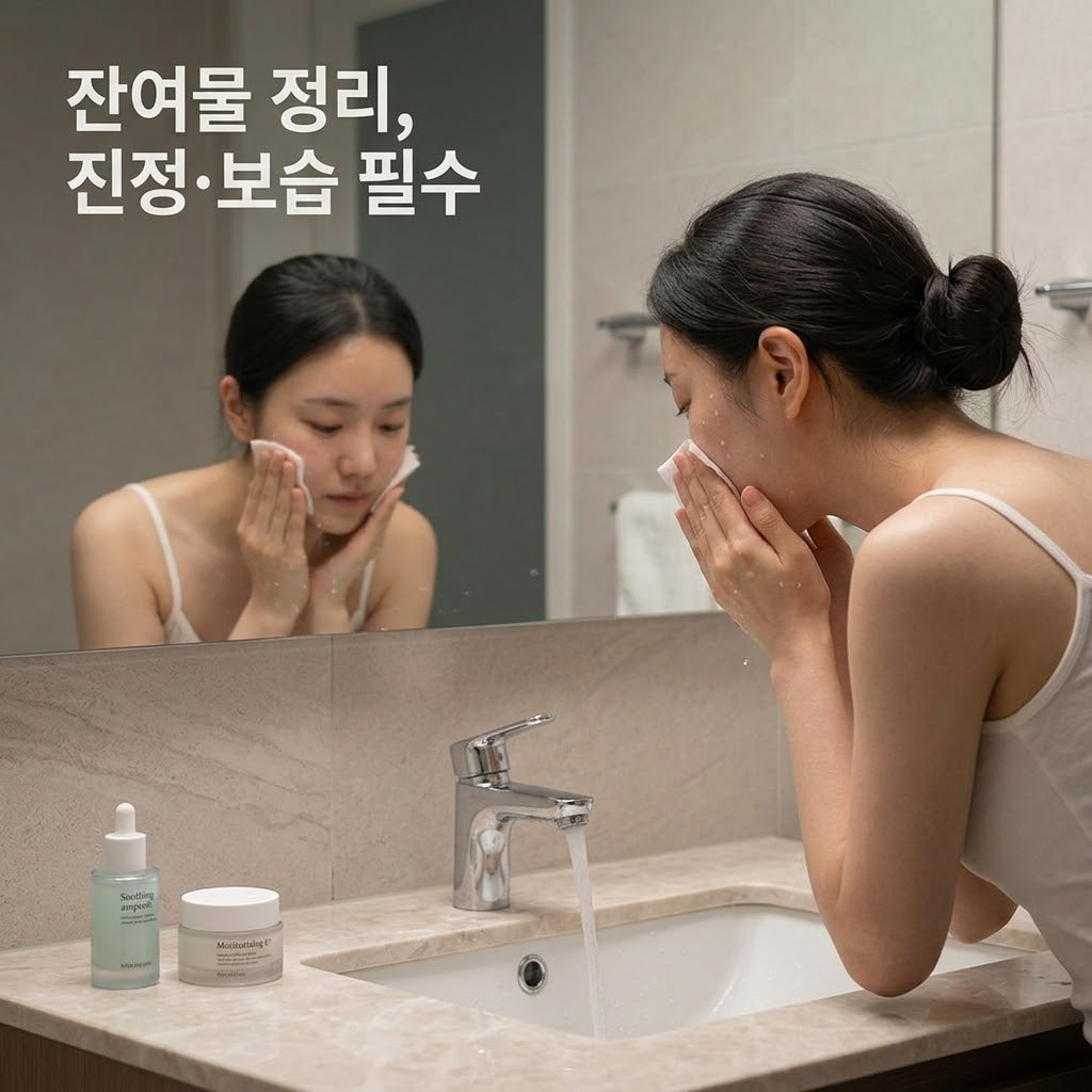 팩을 떼어낸 후 부드러운 토너 패드로 얼굴 외곽의 잔여물을 살살 닦아내는 모습과, 듬뿍 덜어낸 수분 진정 크림을 두 손을 이용해 피부 전체에 부드럽게 흡수시키는 애프터케어 과정 분할 뷰
