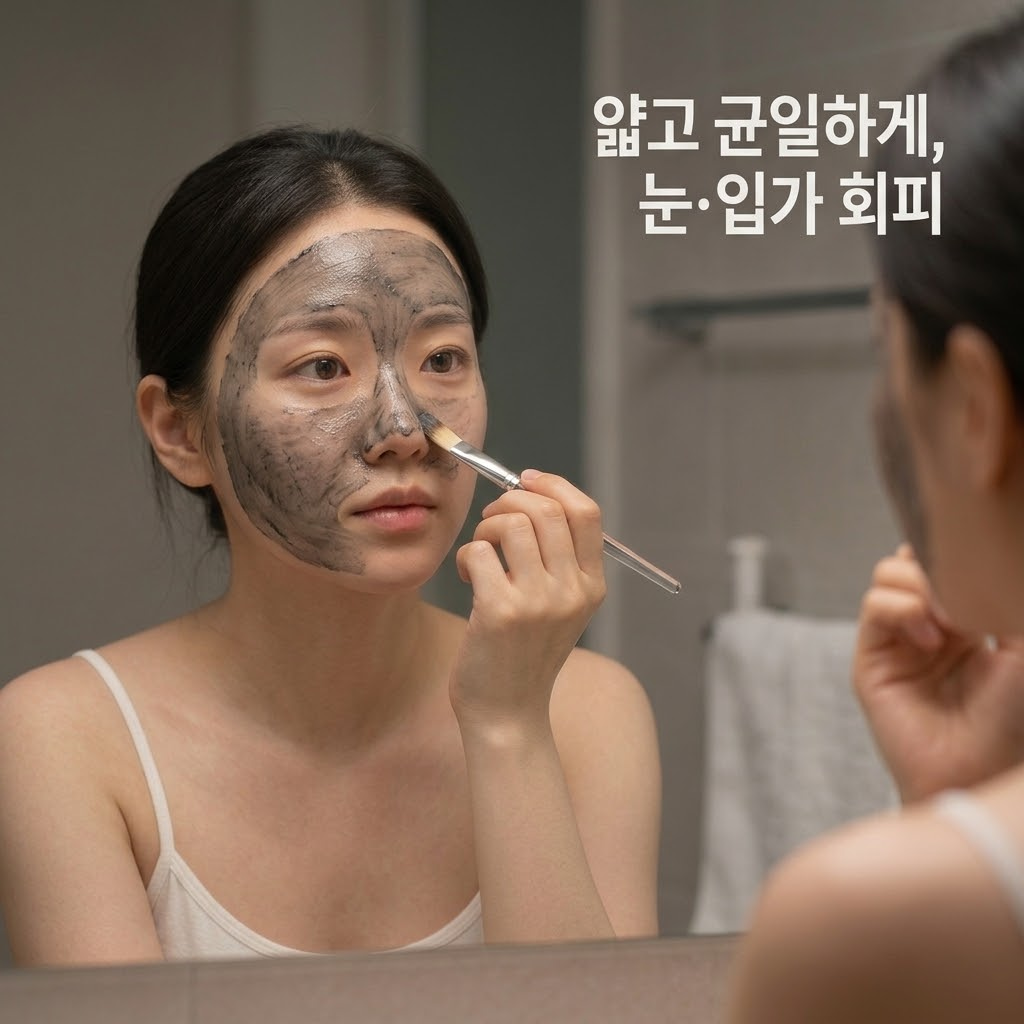눈가와 입가, 헤어라인을 철저히 피해 T존과 턱 위주로 필오프팩을 바르는 모습. 피부가 비치지 않을 정도의 얇고 균일한 두께로 도포된 질감을 측면과 정면 분할 컷으로 보여줌