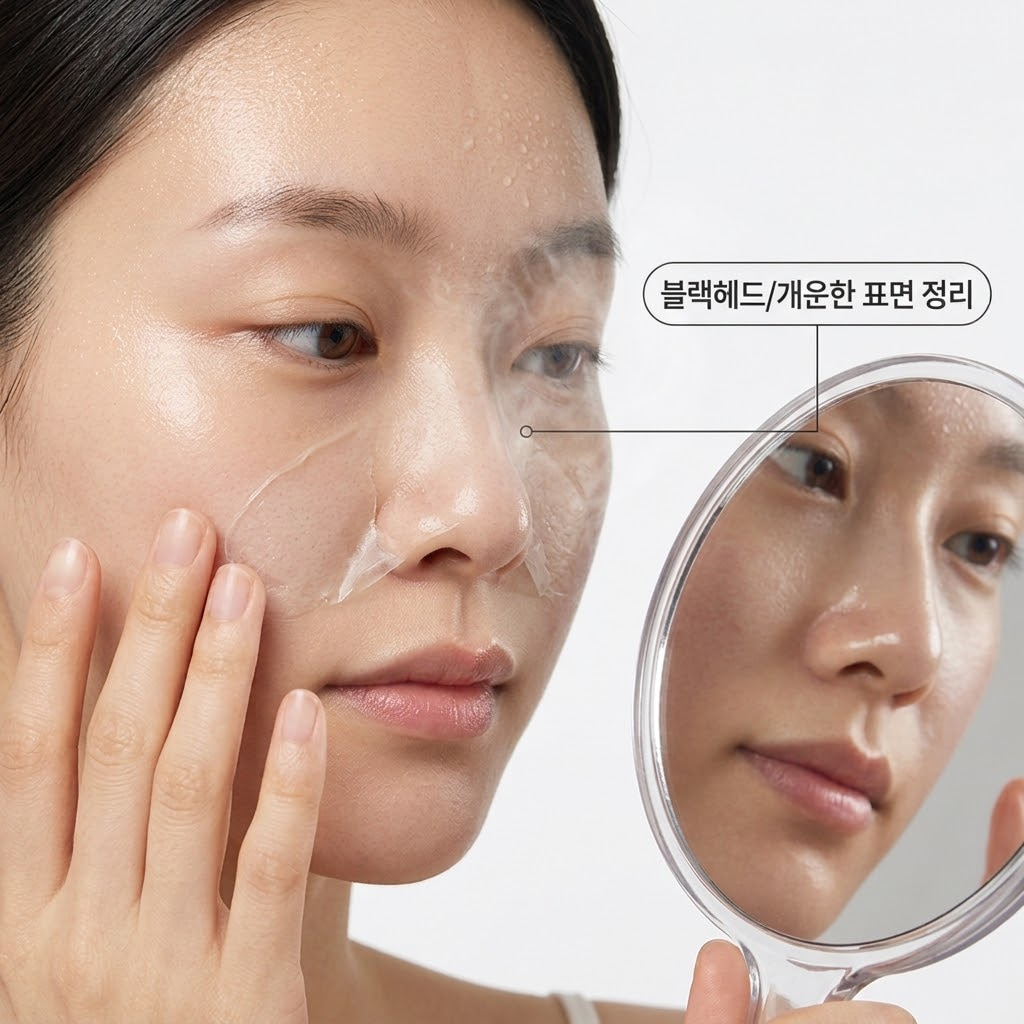 화장이 들뜨고 T존 블랙헤드가 신경 쓰이는 날, 두 손을 이용해 얼굴에 얇게 밀착됐던 필오프팩을 시원하게 떼어내며 개운하게 피부 표면을 정돈하는 모습