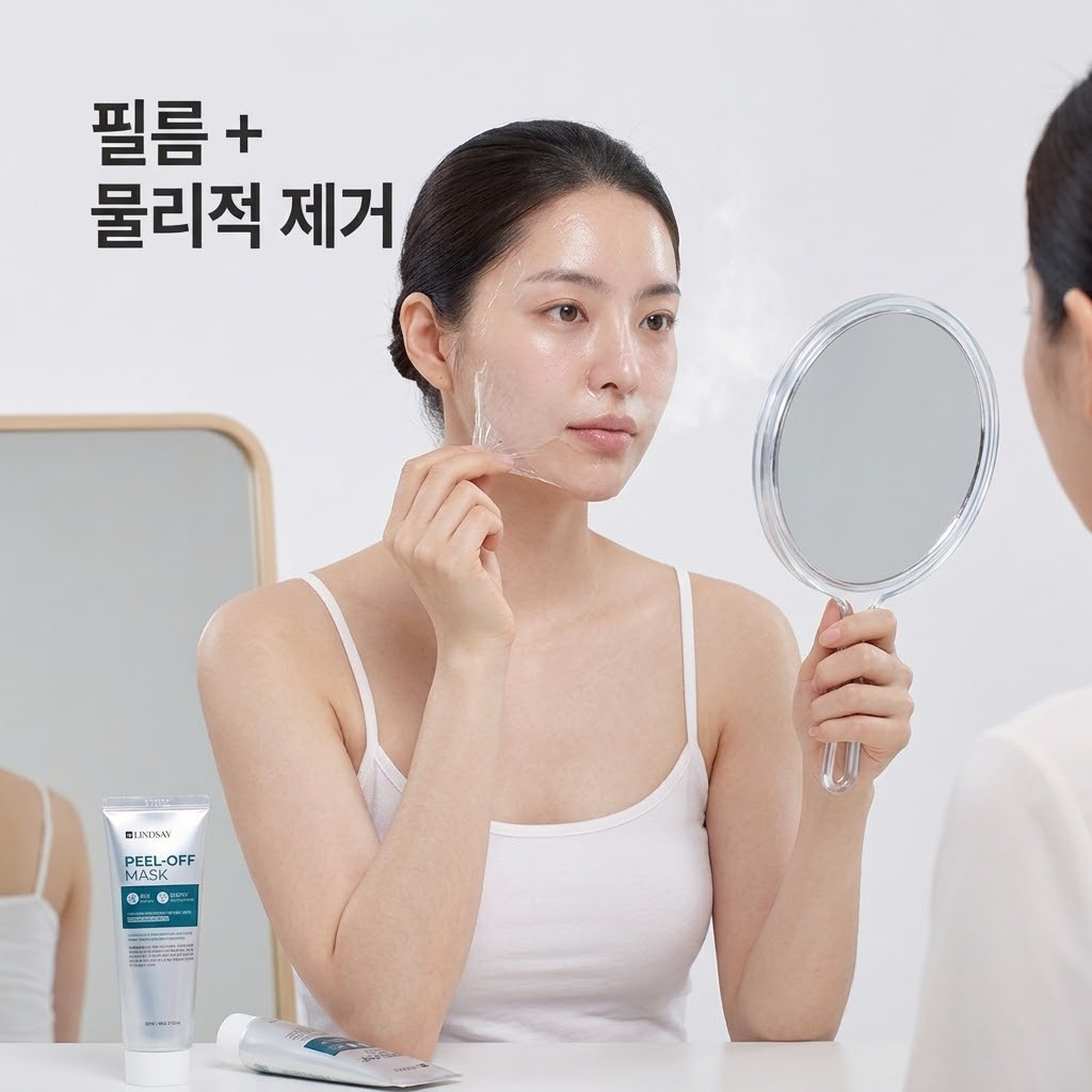 액상 젤 제형의 필오프팩을 얼굴 전체에 얇게 펴 바르고, 시간이 지나 굳은 팩을 두 손으로 피부 결을 따라 조심스럽게 한 장의 필름처럼 떼어내는 전체적인 모습