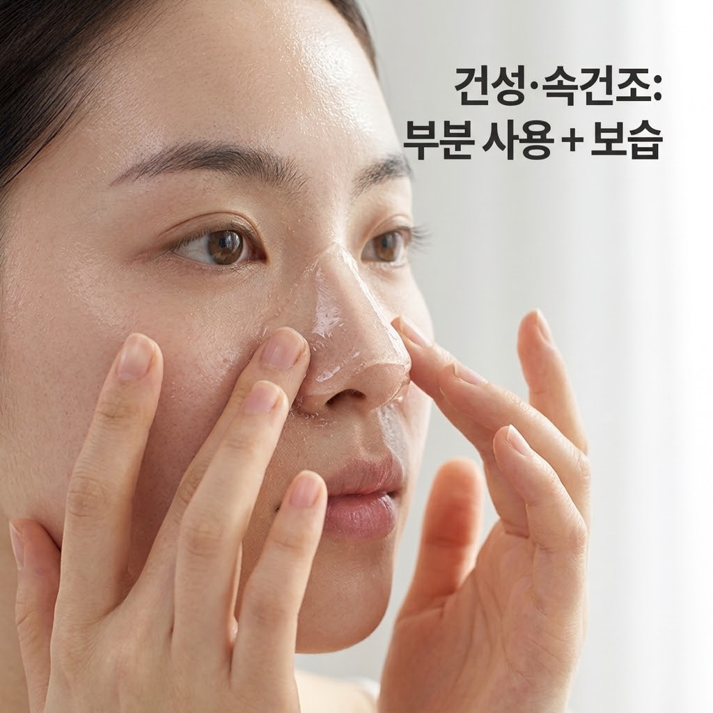 수분감이 느껴지는 투명하고 묽은 제형의 필오프팩 제품군과 히알루론산 앰플들이 나란히 놓인 정면 뷰. 그 옆으로 건성 피부 모델이 건조함을 막기 위해 코와 나비존 등 피지가 고민인 부위에만 팩을 얇게 올려 부분 사용(Patch-use)하는 모습을 담은 디테일 클로즈업 앵글.
