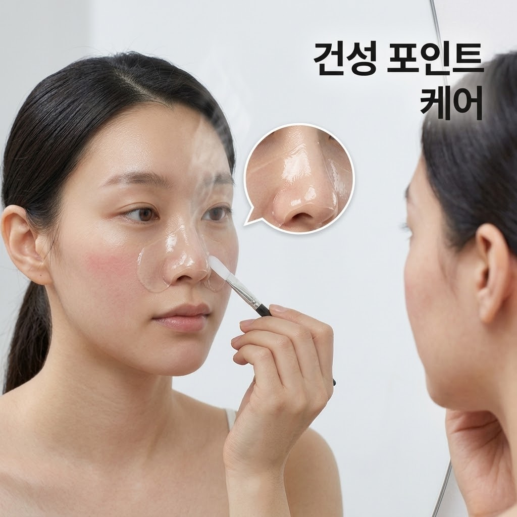 건성 피부 모델이 코 주변 블랙헤드 부위에만 국소적으로 필오프팩을 얹은 측면 클로즈업 컷. 그 옆으로 보습감이 풍부한 리치한 보습 크림 단지와 스포이드 형태의 진정 앰플들이 다각도로 진열된 모습