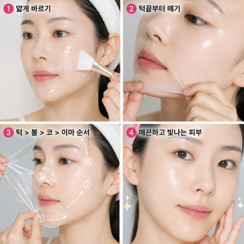 필오프팩 추천 제품을 올바르게 사용하는 방법을 단계별로 보여주는 이미지로 얇게 바르기, 턱부터 떼기, 볼·코·이마 순서로 제거하고 매끈한 피부를 확인하는 모습